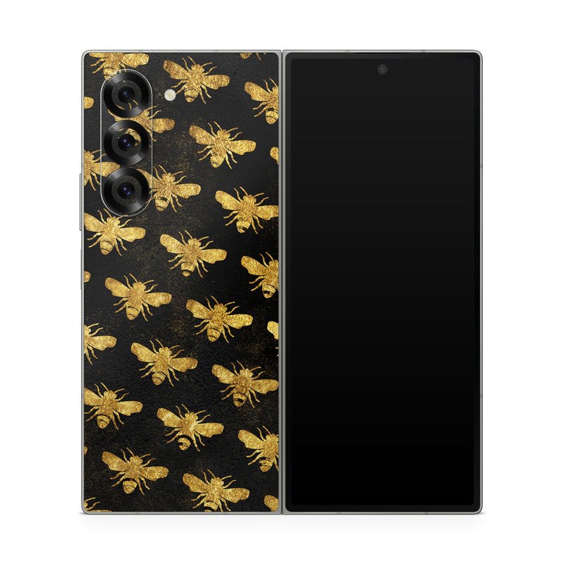 Samsung Galaxy Z Fold6 Skin design of Pattern, Yellow, Flower, Design, Plant, Wildflower, Textile, Metal, with black, yellow colors