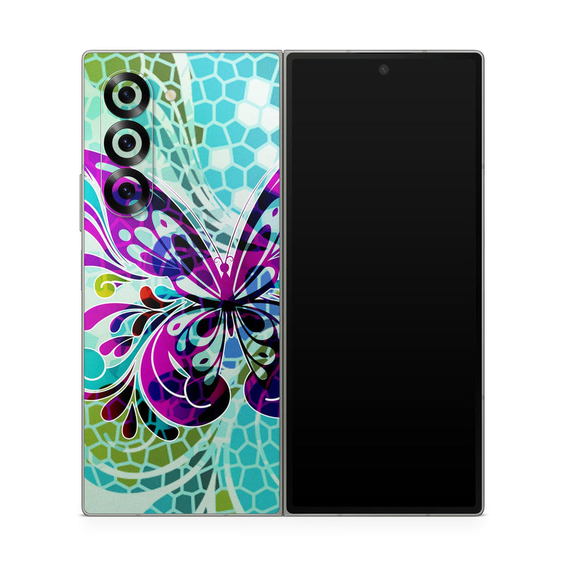 Samsung Galaxy Z Fold6 Skin design of Butterfly, Pattern, Insect, Moths and butterflies, Purple, Graphic design, Design, Pollinator, Visual arts, Magenta, with blue, green, purple colors