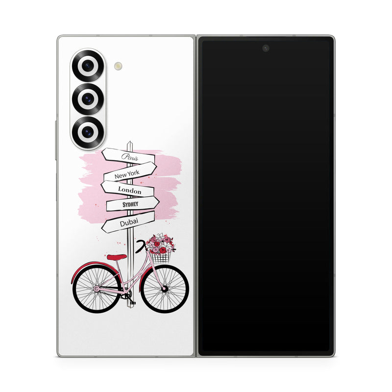 Samsung Galaxy Z Fold6 Skin design of Bicycle, Wheel, Bicycles--Equipment and supplies, Tire, Bicycle tire, Bicycle frame, Bicycle wheel, Bicycle wheel rim, Vehicle, Bicycle fork, with white, black, red, pink colors