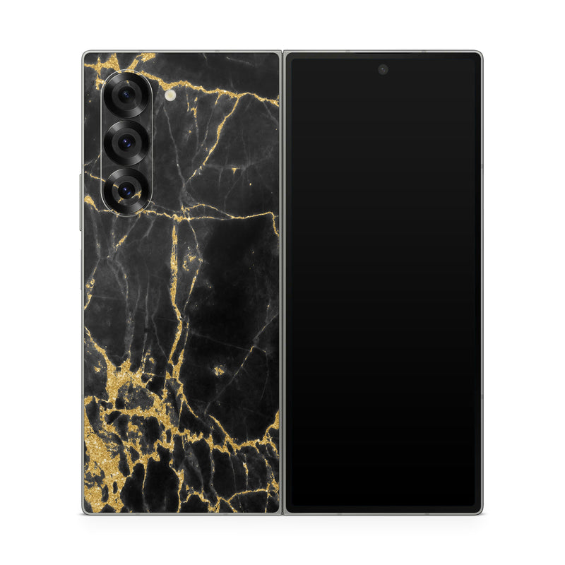 Samsung Galaxy Z Fold6 Skin design of Black, Yellow, Water, Brown, Branch, Leaf, Rock, Tree, Marble, Sky, with black, yellow colors