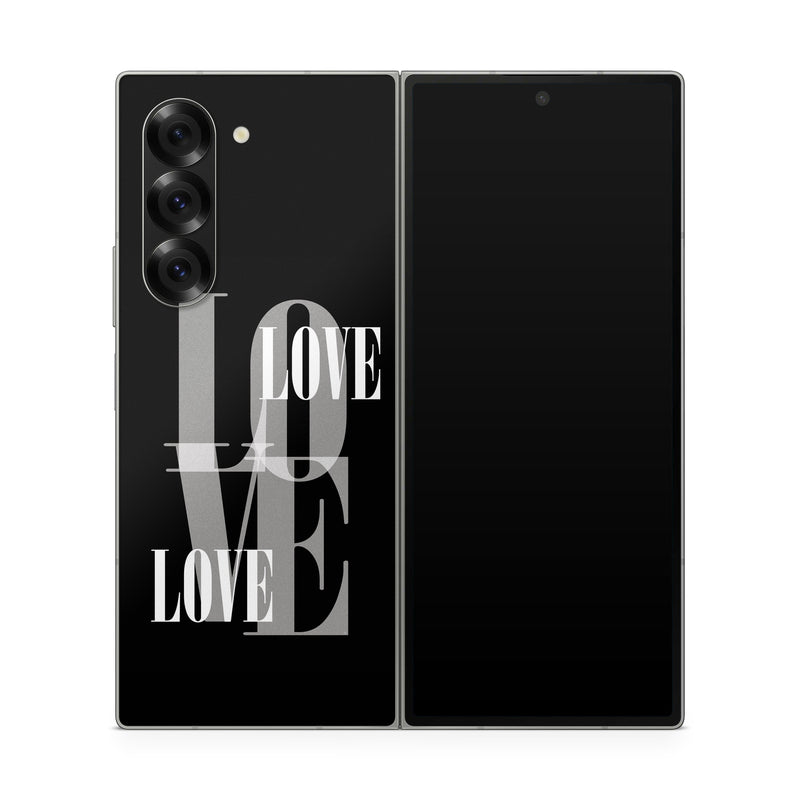 Samsung Galaxy Z Fold6 Skin design of Gesture, Font, Sleeve, Darkness, Logo, Brand, Graphics, Illustration, Terrestrial animal, Art, with black, white, gray colors