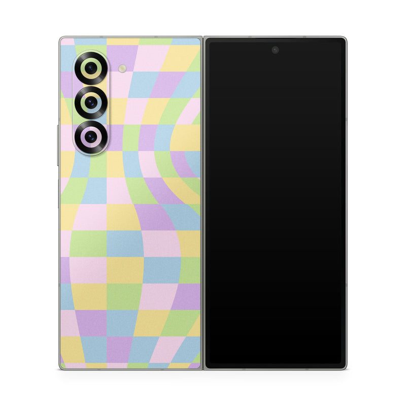 Samsung Galaxy Z Fold6 Skin design of Rectangle, Azure, Textile, Art, Painting, Violet, Pink, Font, Aqua, Material property, with pink, yellow, purple, blue, green colors