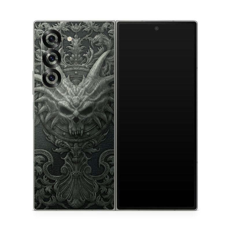 Samsung Galaxy Z Fold6 Skin design of Demon, Dragon, Fictional character, Illustration, Supernatural creature, Drawing, Symmetry, Art, Mythology, Mythical creature, with black, gray colors