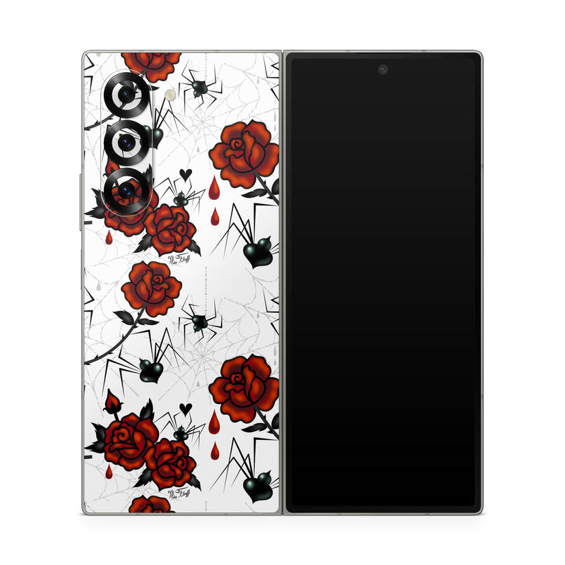 Samsung Galaxy Z Fold6 Skin design of Red, Pattern, Flower, Plant, Design, Floral design, Petal, Coquelicot, Wildflower, Rose, with black, white, red colors