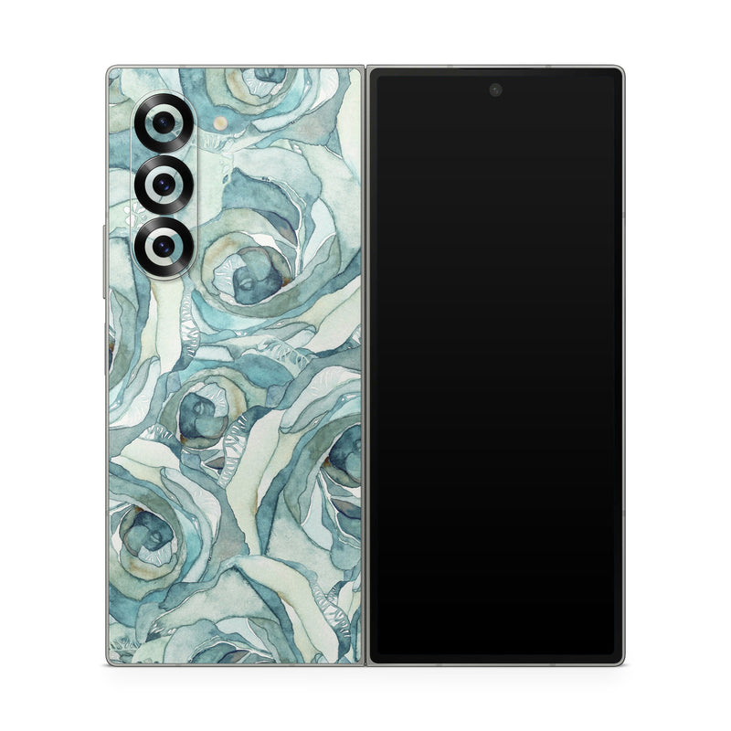 Samsung Galaxy Z Fold6 Skin design of Rose, Garden roses, Blue, Flower, Rose family, Watercolor paint, Plant, Pattern, Rosa × centifolia, Blue rose, with blue, green colors