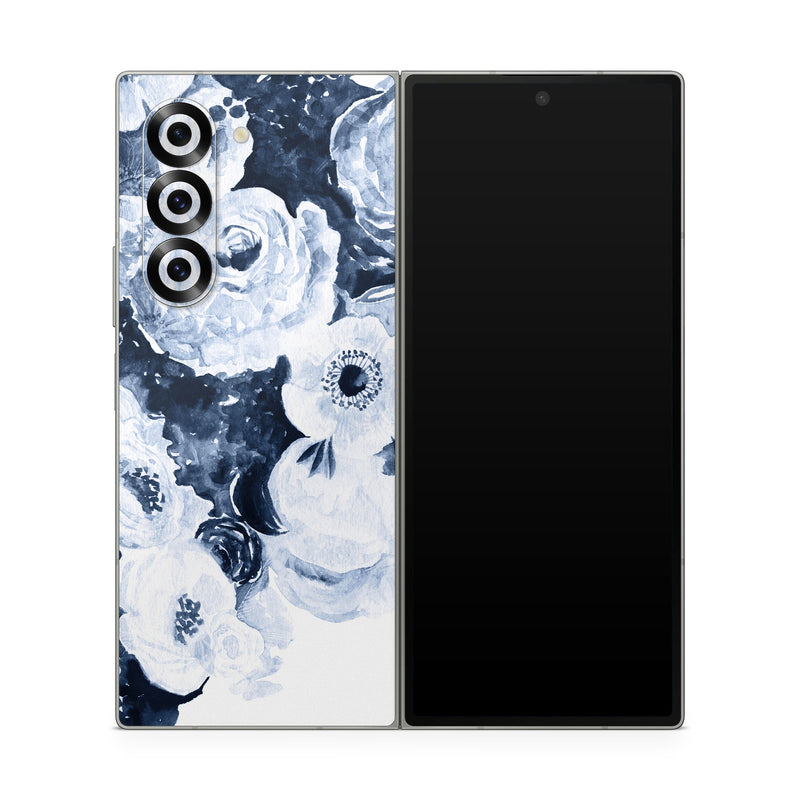 Samsung Galaxy Z Fold6 Skin design of White, Flower, Cut flowers, Garden roses, Plant, Bouquet, Rose, Black-and-white, Rose family, Still life, with white, blue colors