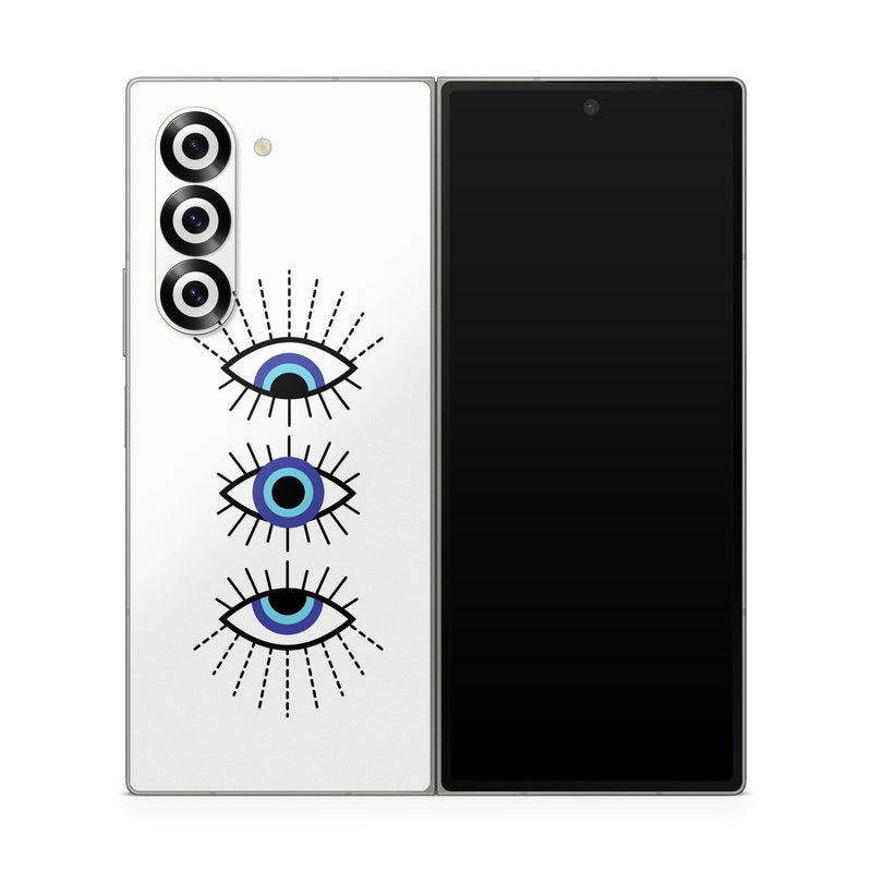 Samsung Galaxy Z Fold6 Skin design of Eyebrow, Eyelash, Iris, Art, Font, Circle, Electric blue, Symmetry, Illustration, Graphics, with black, white, blue, purple colors