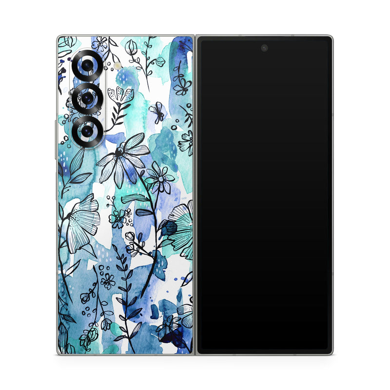 Samsung Galaxy Z Fold6 Skin design of Blue, Pattern, Turquoise, Aqua, Design, Textile, Wildflower, Plant, Wrapping paper, Gift wrapping, with blue, white, black, purple colors