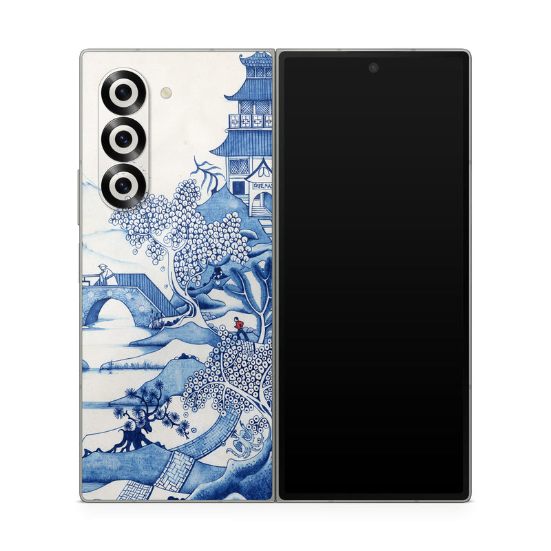 Samsung Galaxy Z Fold6 Skin design of Blue, Blue and white porcelain, Winter, Christmas eve, Illustration, Snow, World, Art, with blue, white colors
