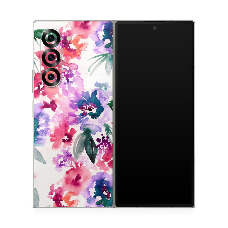 Samsung Galaxy Z Fold6 Skin design of Purple, Pattern, Pink, Lilac, Violet, Flower, Watercolor paint, Floral design, Plant, Design, with green, pink, red, purple, white colors