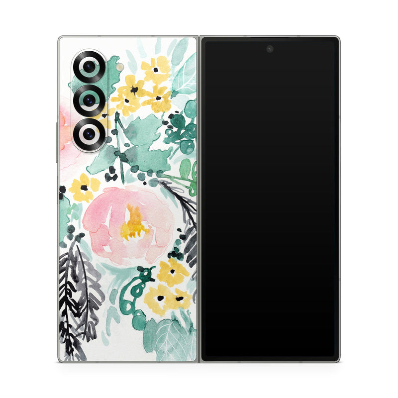 Samsung Galaxy Z Fold6 Skin design of Branch, Clip art, Watercolor paint, Flower, Leaf, Botany, Plant, Illustration, Design, Graphics, with green, pink, red, orange, yellow colors