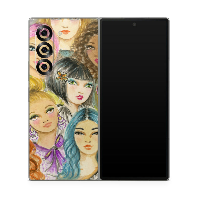 Samsung Galaxy Z Fold6 Skin design of Face, Hair, Head, Art, Hair coloring, Cheek, Illustration, Human, Watercolor paint, Brown hair, with white, black, brown, yellow, purple, blue, pink colors