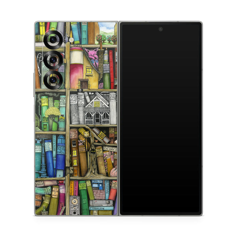 Samsung Galaxy Z Fold6 Skin design of Collection, Art, Visual arts, Bookselling, Shelving, Painting, Building, Shelf, Publication, Modern art, with brown, green, blue, red, pink colors