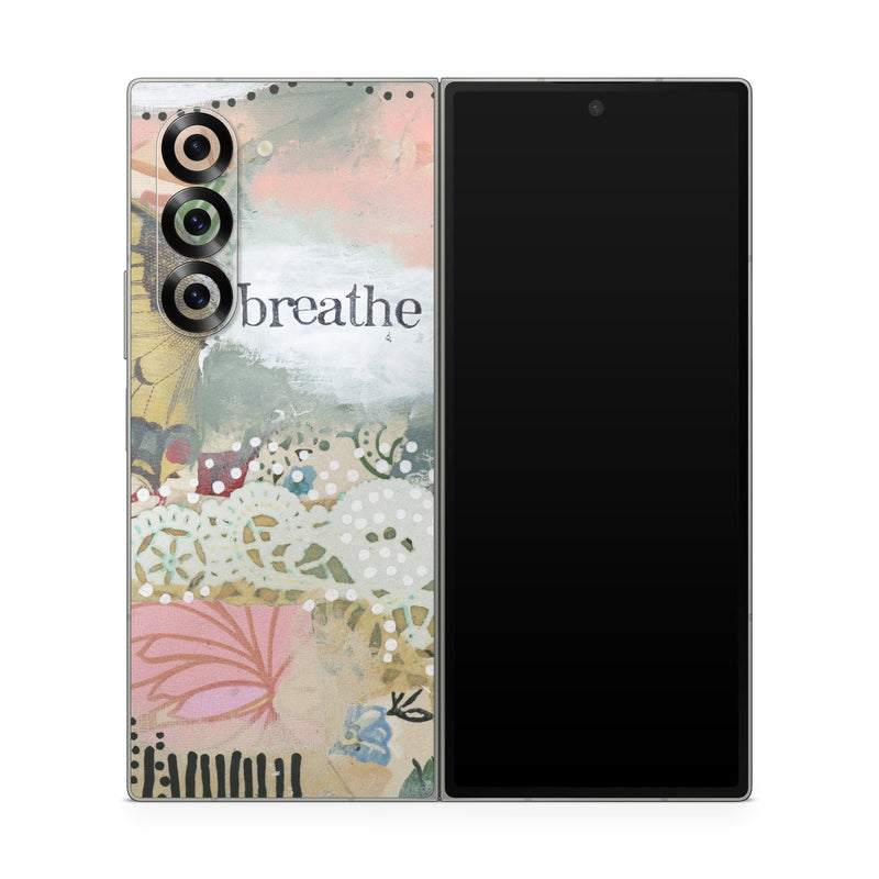 Samsung Galaxy Z Fold6 Skin design of Butterfly, Moths and butterflies, Insect, Pollinator, Organism, Illustration, Brush-footed butterfly, Art, Fictional character, Wildflower, with pink, brown, white, black, red, blue, green colors