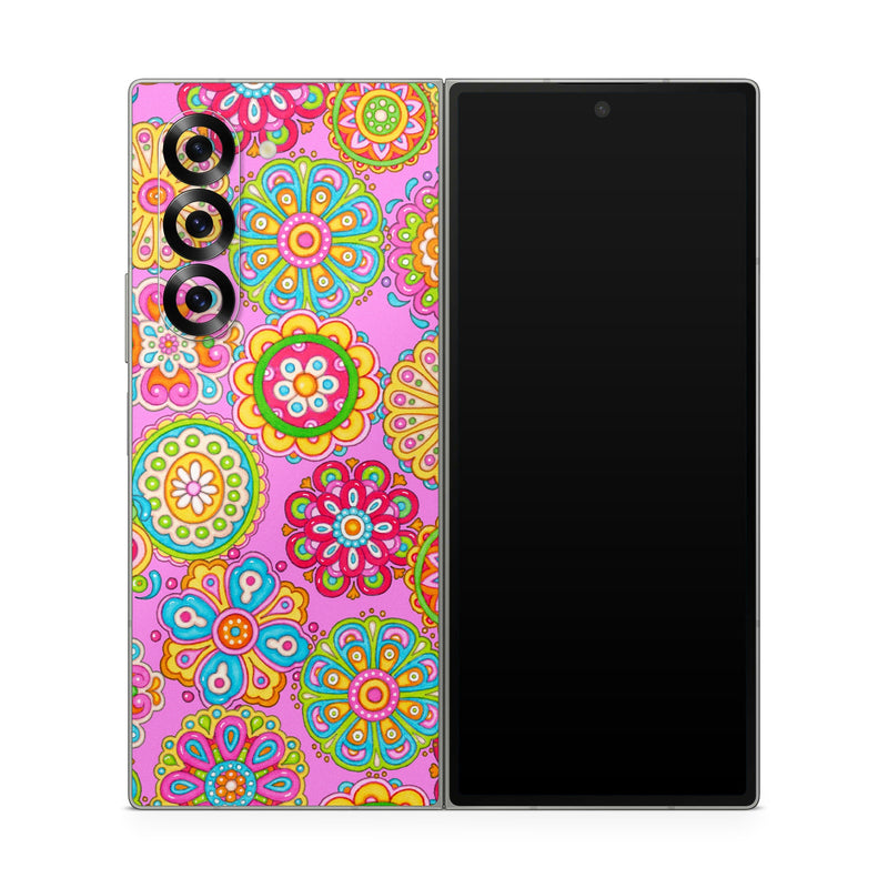 Samsung Galaxy Z Fold6 Skin design of Pattern, Design, Textile, Visual arts, Wrapping paper, Motif, Pedicel, with pink, red, orange, yellow, green, blue, purple colors