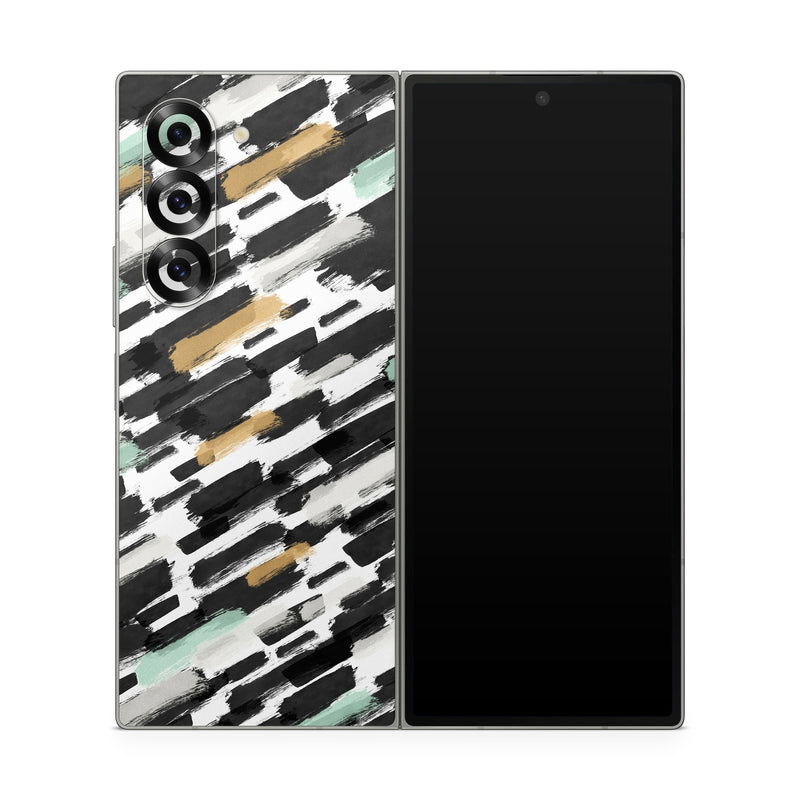 Samsung Galaxy Z Fold6 Skin design of Pattern, Line, Design, Material property, Rectangle, with black, white, orange, blue, yellow colors