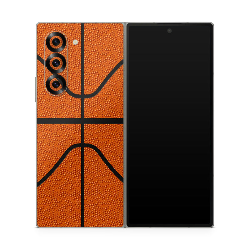 Samsung Galaxy Z Fold6 Skin design of Orange, Basketball, Line, Pattern, Sport venue, Brown, Yellow, Design, Net, Team sport, with orange, black colors