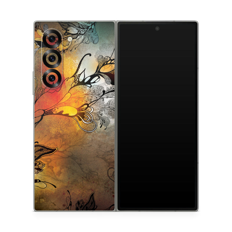 Samsung Galaxy Z Fold6 Skin design of Yellow, Orange, Art, Branch, Leaf, Graphic design, Visual arts, Pattern, Design, Modern art, with black, red, orange, yellow colors