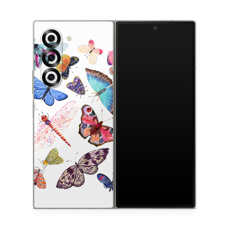 Samsung Galaxy Z Fold6 Skin design of Butterfly, Pollinator, Insect, Arthropod, Organism, Moths and butterflies, Art, Symmetry, Wing, Illustration, with white, blue, green, red, yellow, orange, pink, brown, purple colors