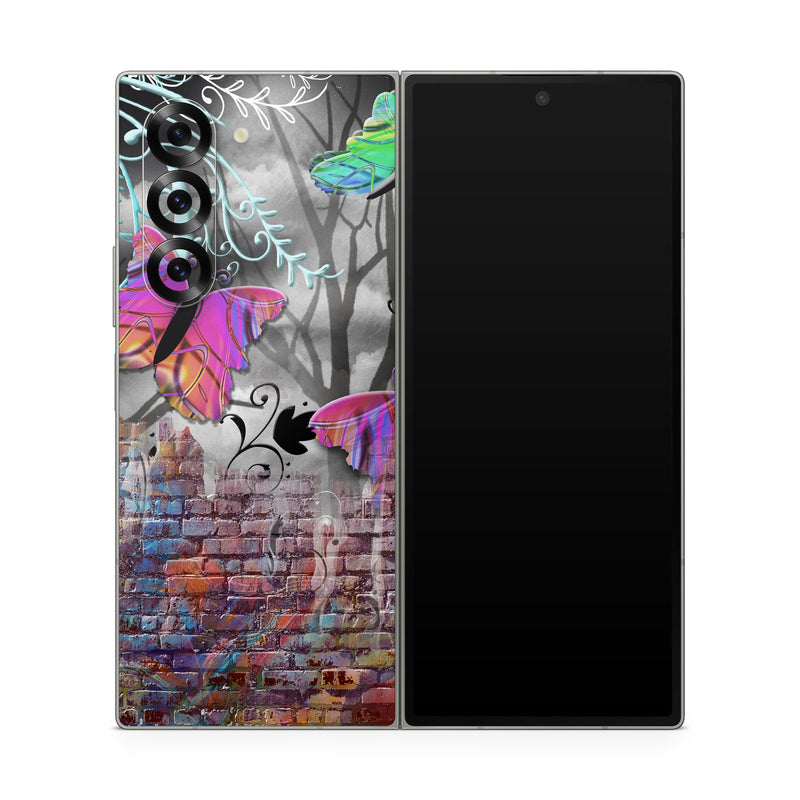 Samsung Galaxy Z Fold6 Skin design of Purple, Graphic design, Art, Pattern, Graffiti, Organism, Street art, Wall, Font, Illustration, with red, black, gray, purple, orange, blue, green colors