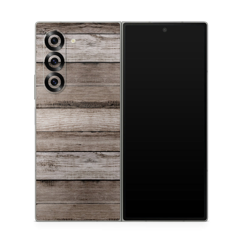 Samsung Galaxy Z Fold6 Skin design of Wood, Plank, Wood stain, Hardwood, Line, Pattern, Floor, Lumber, Wood flooring, Plywood, with brown, black colors