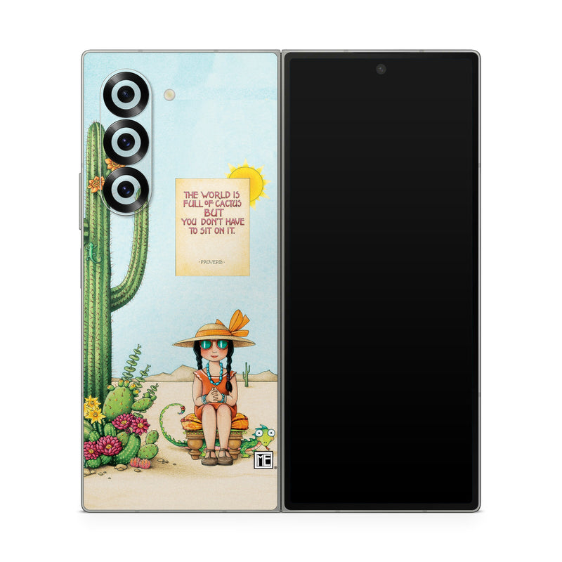 Samsung Galaxy Z Fold6 Skin design of Cartoon, Cactus, Illustration, Animated cartoon, Plant, Vegetable, Fictional character, Art, with green, yellow, pink, orange, brown colors