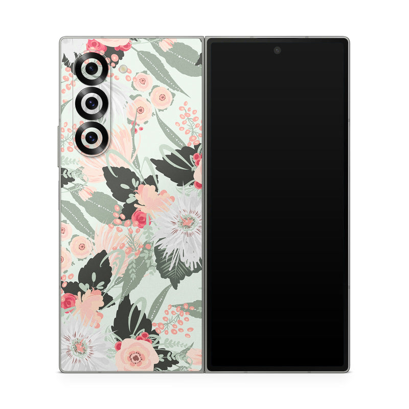Samsung Galaxy Z Fold6 Skin design of Pattern, Pink, Floral design, Design, Textile, Wrapping paper, Plant, Peach, Flower, with green, red, white, pink colors