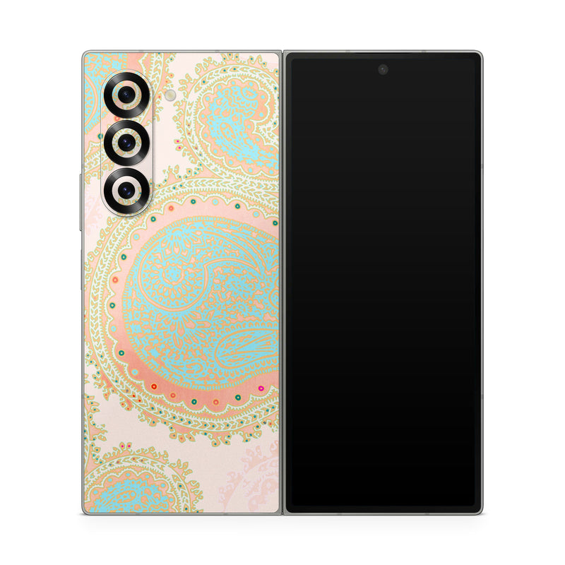 Samsung Galaxy Z Fold6 Skin design of Pattern, Visual arts, Paisley, Pink, Design, Motif, Line, Wallpaper, Peach, with pink, blue, red colors