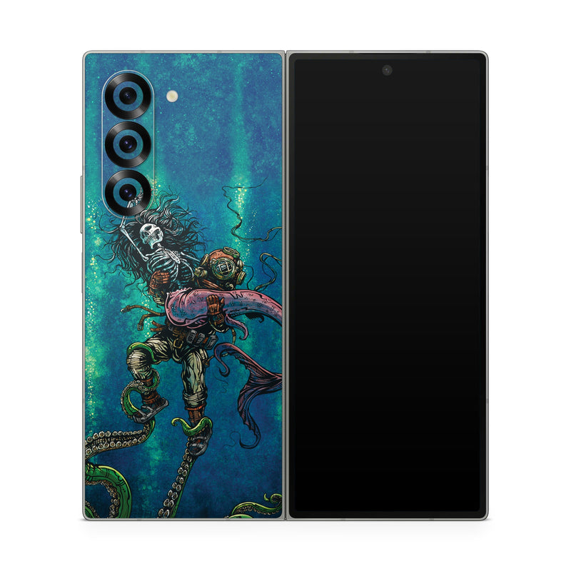 Samsung Galaxy Z Fold6 Skin design of Water, Fluid, Underwater, Marine invertebrates, Marine biology, Electric blue, Liquid, Recreation, Underwater diving, Art, with blue, green, orange, purple, pink, black, white, gray colors
