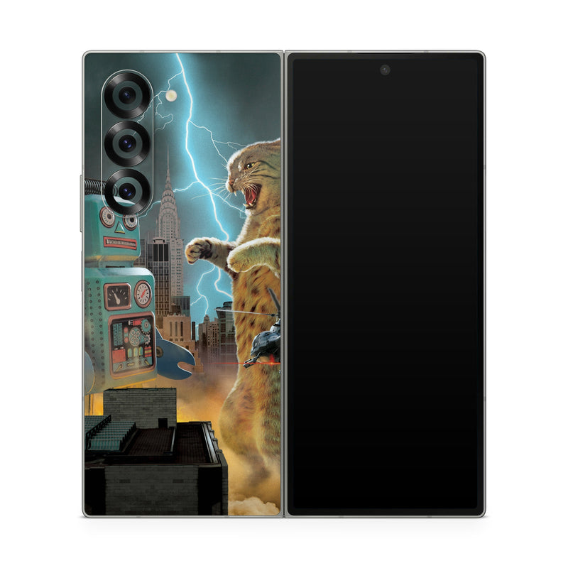 Samsung Galaxy Z Fold6 Skin design of Lightning, Felidae, Carnivore, Art, Whiskers, Big cats, Cg artwork, Terrestrial animal, Small to medium-sized cats, Thunder, with black, blue, red, yellow, white, brown, gray, orange colors