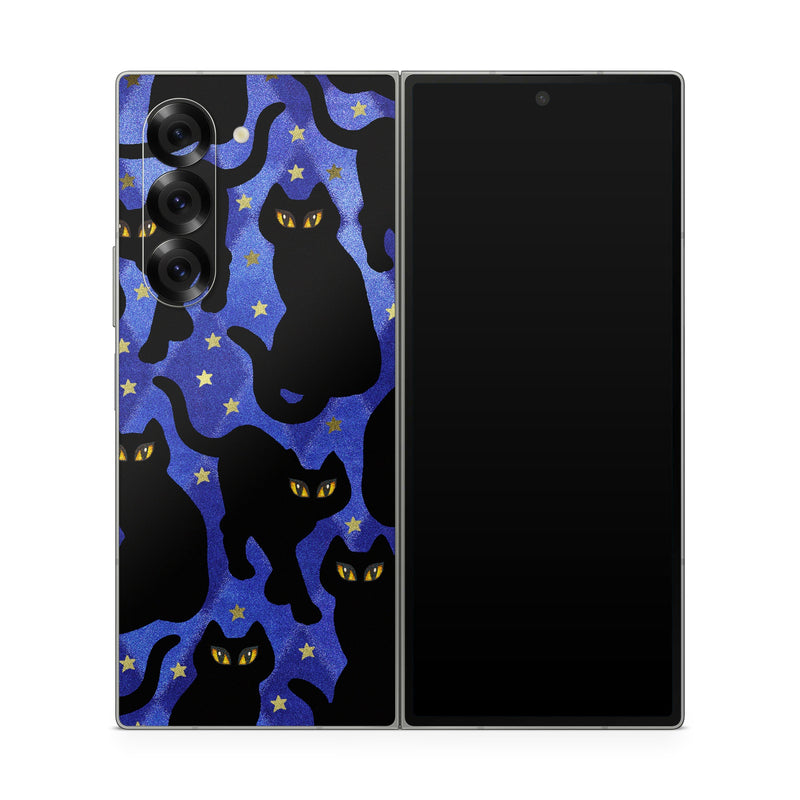 Samsung Galaxy Z Fold6 Skin design of Black cat, Black, Cat, Small to medium-sized cats, Pattern, Felidae, Design, Electric blue, Illustration, Art, with black, blue, purple, yellow colors