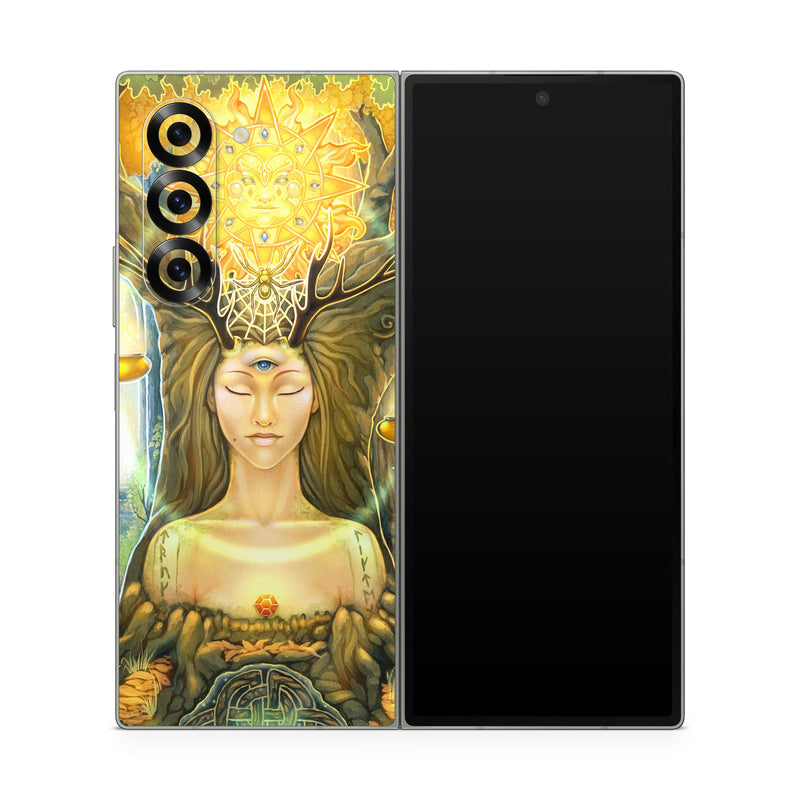Samsung Galaxy Z Fold6 Skin design of Painting, Art, Illustration, Plant, Fictional character, Mythology, Cg artwork, Visual arts, Glass, Drawing, with yellow, green, brown, pink, orange, black colors