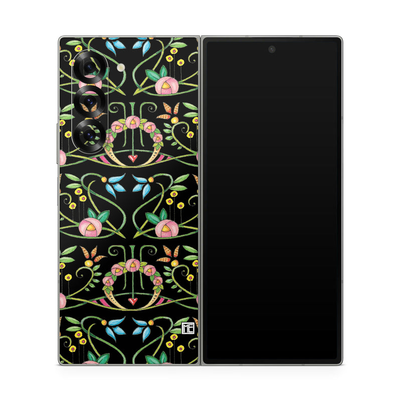 Samsung Galaxy Z Fold6 Skin design of Flower, Rectangle, Textile, Ornament, Plant, Line, Motif, Creative arts, Art, Pattern, with black, pink, blue, green, yellow colors