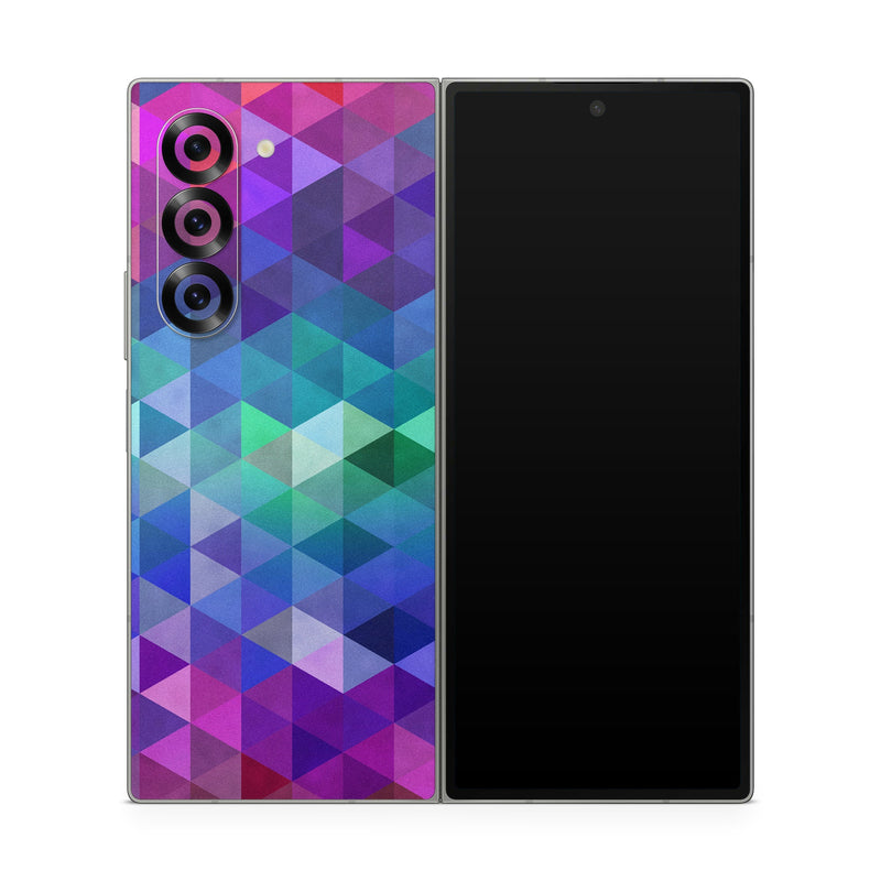 Samsung Galaxy Z Fold6 Skin design of Purple, Violet, Pattern, Blue, Magenta, Triangle, Line, Design, Graphic design, Symmetry, with blue, purple, green, red, pink colors