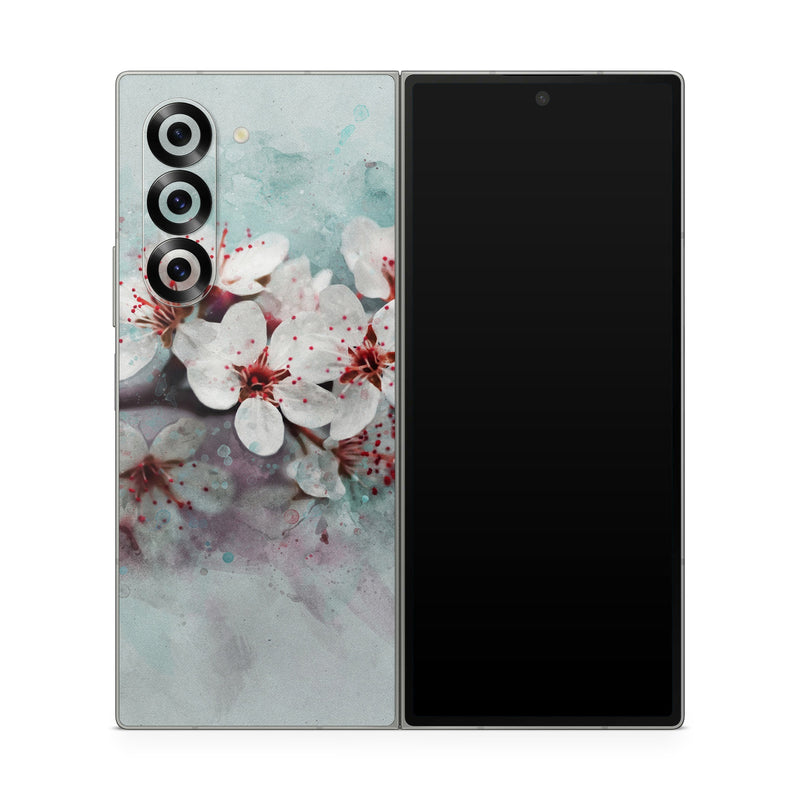 Samsung Galaxy Z Fold6 Skin design of Blossom, Flower, Cherry blossom, Watercolor paint, Plant, Spring, Pink, Petal, Branch, Painting, with white, gray, red, pink, purple, blue colors