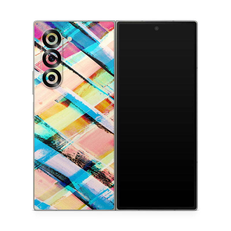 Samsung Galaxy Z Fold6 Skin design of Line, Pattern, Turquoise, Plaid, Orange, Colorfulness, Design, Textile, Tints and shades, with blue, pink, red, purple, yellow, orange colors