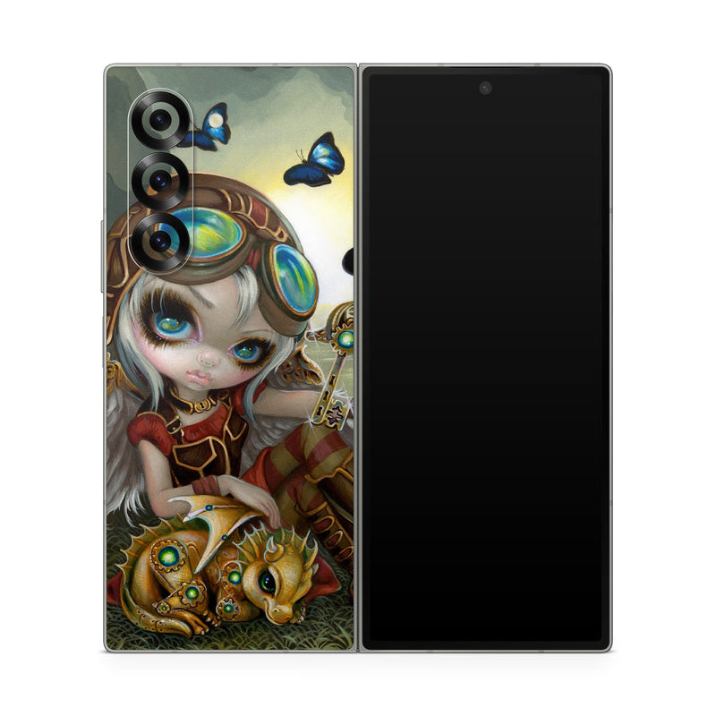 Samsung Galaxy Z Fold6 Skin design of Cg artwork, Illustration, Fictional character, Art, Mythology, Games, Massively multiplayer online role-playing game, with black, green, red, yellow, brown, blue colors