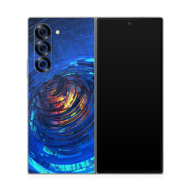 Samsung Galaxy Z Fold6 Skin design of Blue, Water, Circle, Vortex, Electric blue, Wave, Liquid, Graphics, Pattern, Colorfulness, with blue, orange, yellow colors