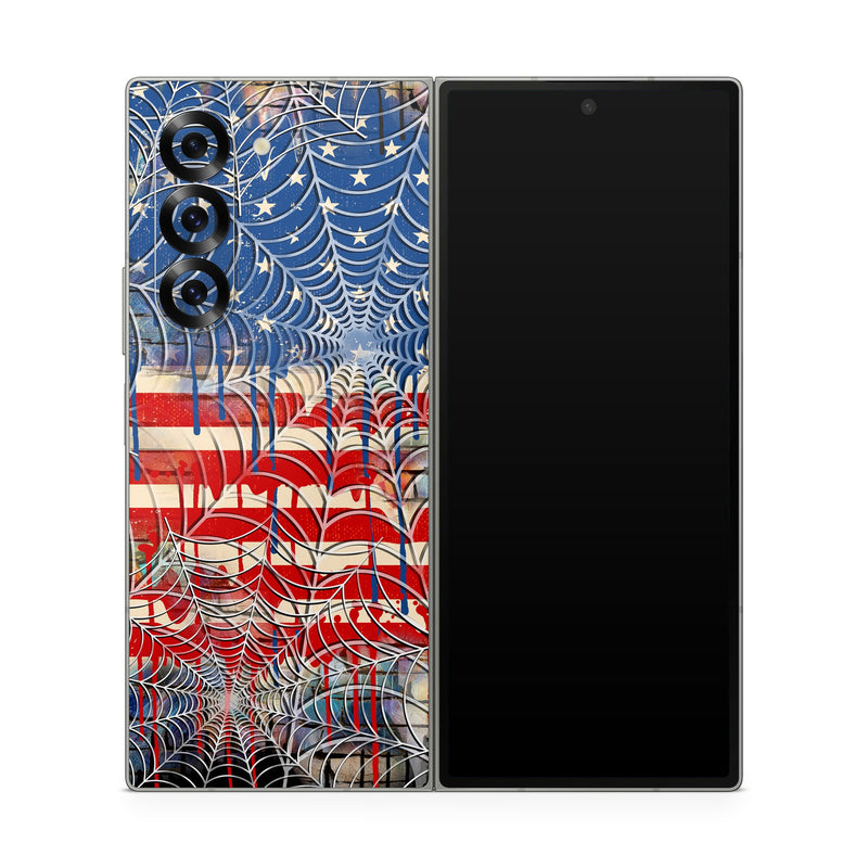 Samsung Galaxy Z Fold6 Skin design of Graffiti, Art, Pattern, Flag, Street art, Line, Textile, Mural, Modern art, with red, blue, white, black colors