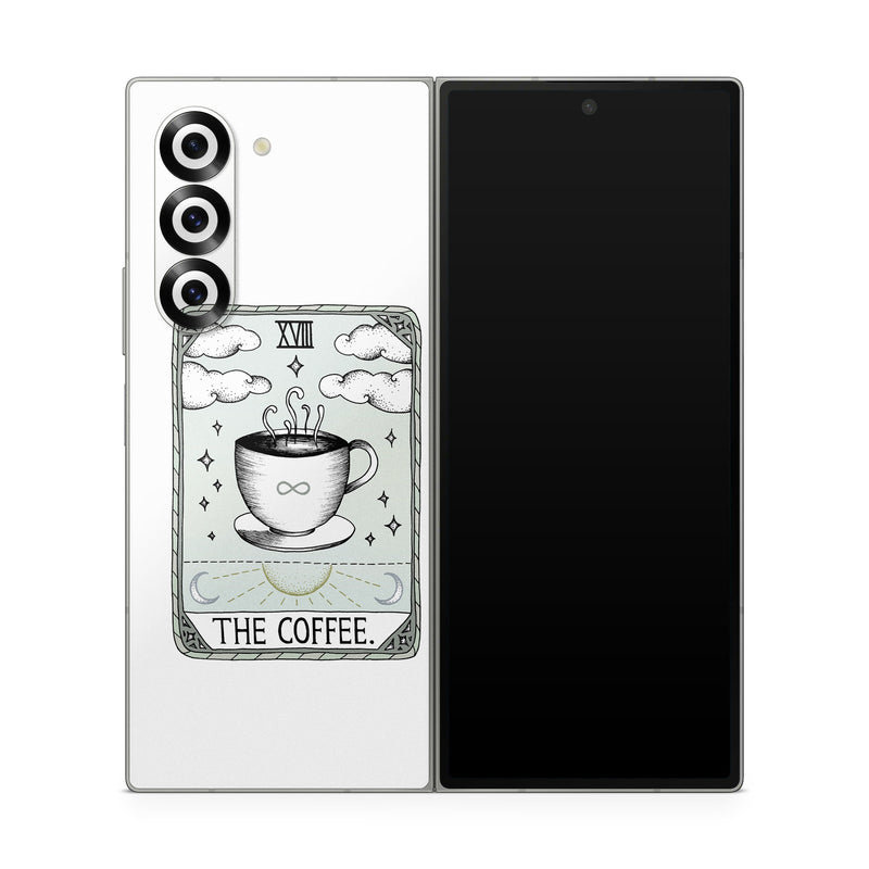 Samsung Galaxy Z Fold6 Skin design of Cup, Cartoon, Drinkware, Coffee cup, Tableware, Teacup, Illustration, Drink, Line art, with white, black, green, gray, yellow colors