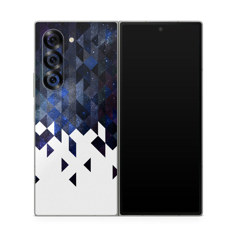Samsung Galaxy Z Fold6 Skin design of Text, Pattern, Graphic design, Font, Purple, Design, Line, Triangle, Logo, Graphics, with black, blue, white colors