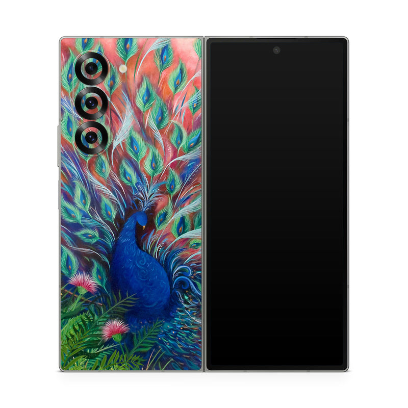 Samsung Galaxy Z Fold6 Skin design of Painting, Acrylic paint, Bird, Child art, Art, Galliformes, Peafowl, Visual arts, Watercolor paint, Plant, with black, red, gray, blue, green colors