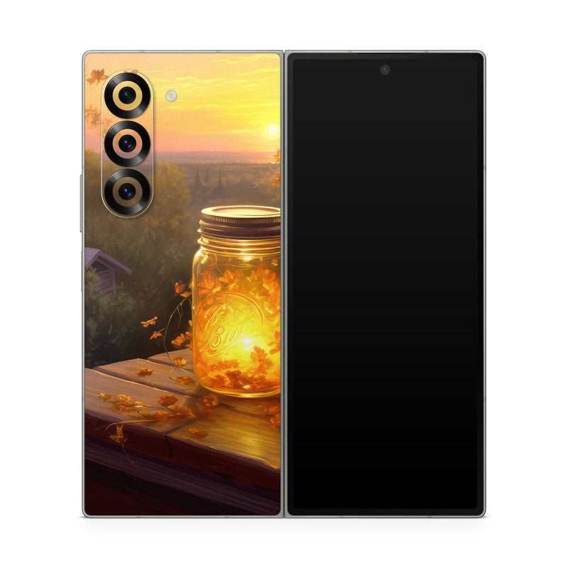 Samsung Galaxy Z Fold6 Skin design of Sky, Plant, Amber, Candle, Wood, Orange, Sunlight, Cloud, Sunset, Heat, with yellow, orange, black, green, gray, red colors