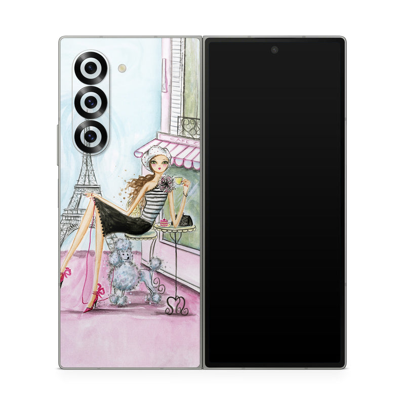 Samsung Galaxy Z Fold6 Skin design of Pink, Illustration, Sitting, Konghou, Watercolor paint, Fashion illustration, Art, Drawing, Style, with gray, purple, blue, black, pink colors