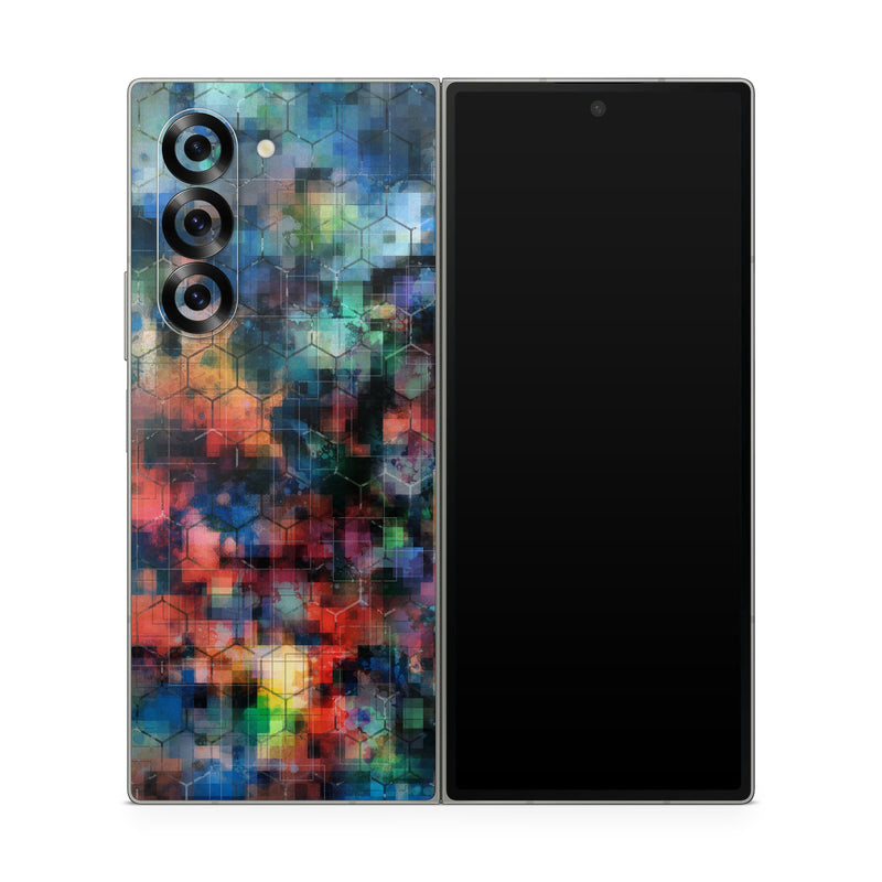 Samsung Galaxy Z Fold6 Skin design of Blue, Colorfulness, Pattern, Psychedelic art, Art, Sky, Design, Textile, Dye, Modern art, with black, blue, red, gray, green colors