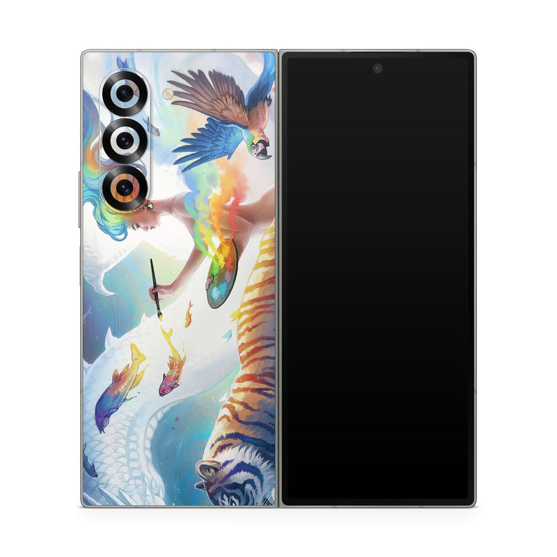 Samsung Galaxy Z Fold6 Skin design of Siberian tiger, Bengal tiger, Vertebrate, Tiger, Felidae, Mammal, Water, Carnivore, Art, Painting, with blue, red, yellow, orange, green, purple, black, white colors