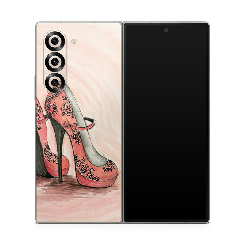 Samsung Galaxy Z Fold6 Skin design of Footwear, High heels, Shoe, Pink, Court shoe, Illustration, Leg, Basic pump, Peach, Painting, with pink, gray, red, white, black, green colors