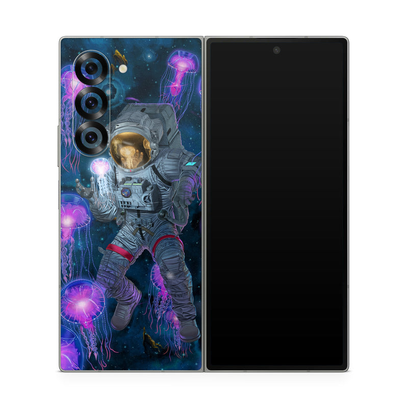 Samsung Galaxy Z Fold6 Skin design of Light, Blue, Purple, World, Astronaut, Art, Astronomical object, Space, Cg artwork, Electric blue, with black, blue, gray, white, purple, yellow, red, brown colors