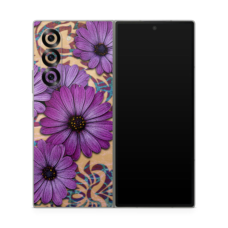 Samsung Galaxy Z Fold6 Skin design of Purple, Flower, Violet, Petal, Plant, african daisy, Floral design, Wildflower, Pattern, Textile, with purple, black, gray, blue, green, red colors