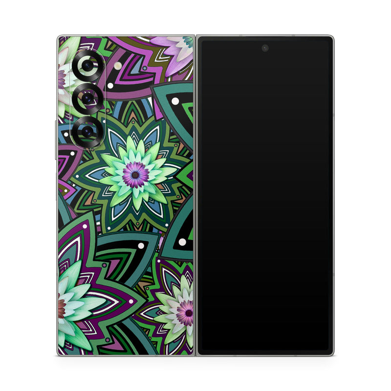 Samsung Galaxy Z Fold6 Skin design of Pattern, Purple, Green, Flower, Psychedelic art, Design, Lilac, Plant, Symmetry, Visual arts, with black, gray, green, purple, blue, red colors